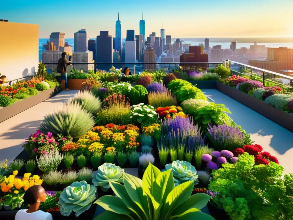 Un jardín urbano bullicioso y vibrante, con plantas exuberantes y flores coloridas