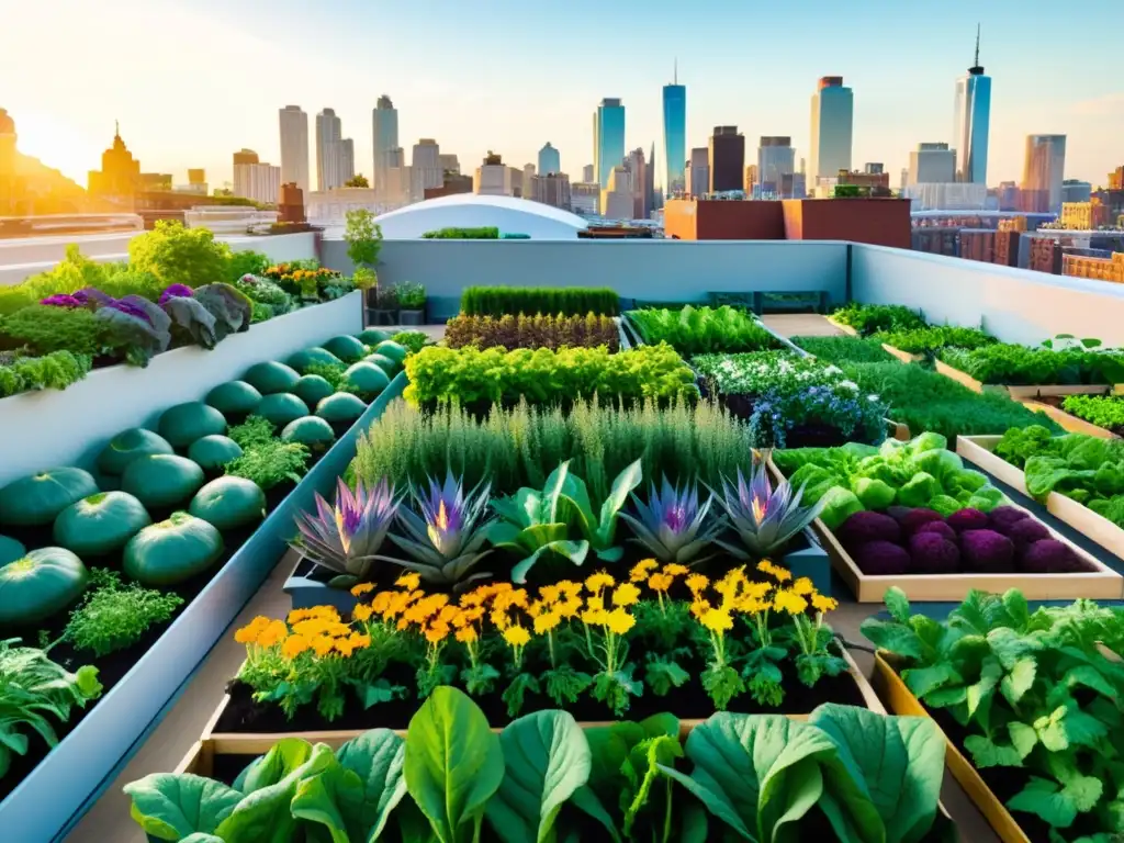 Un jardín urbano bullicioso y vibrante, con vegetales verdes y flores coloridas