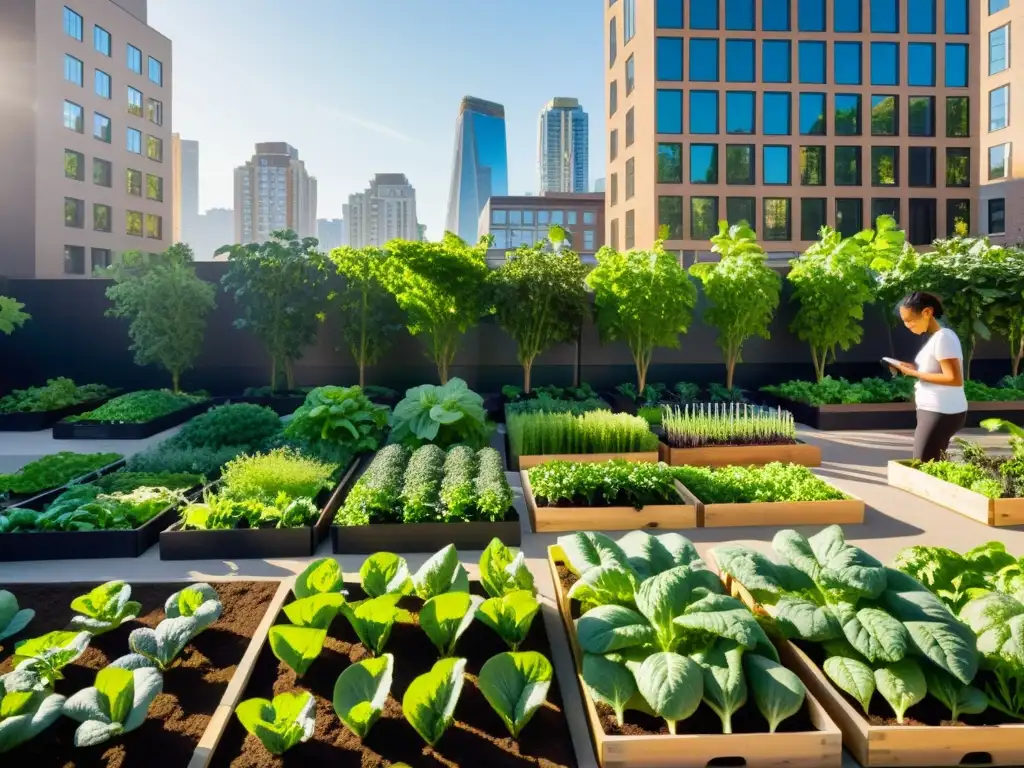 Jardín urbano con camas elevadas y verduras vibrantes, gente usando apps mapeo nutrientes suelo urbano entre rascacielos