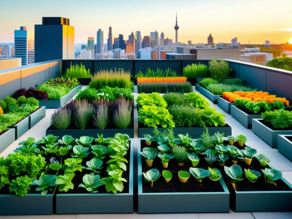 Un jardín urbano colaborativo con huertos verticales, repleto de vegetación vibrante y verduras coloridas, en contraste con el paisaje urbano