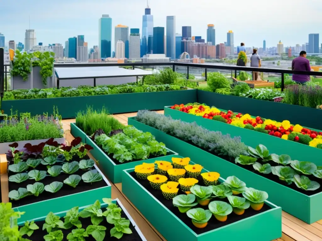 'Jardín urbano colorido con niños y adultos enseñando agricultura urbana a niños, en contraste con el paisaje urbano