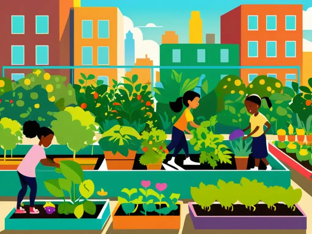 Jardín urbano comunitario con niños y adultos cultivando frutas y verduras