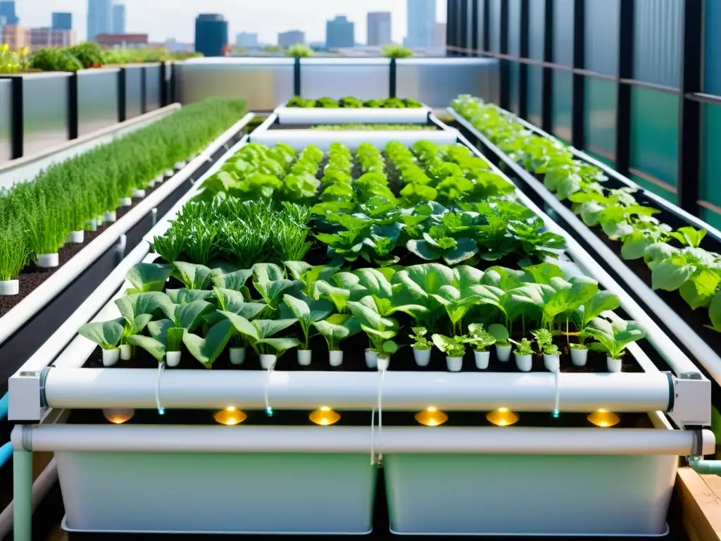 Un jardín urbano contemporáneo con un sistema de acuaponía de vanguardia, mostrando la viabilidad de la acuaponía en agricultura urbana