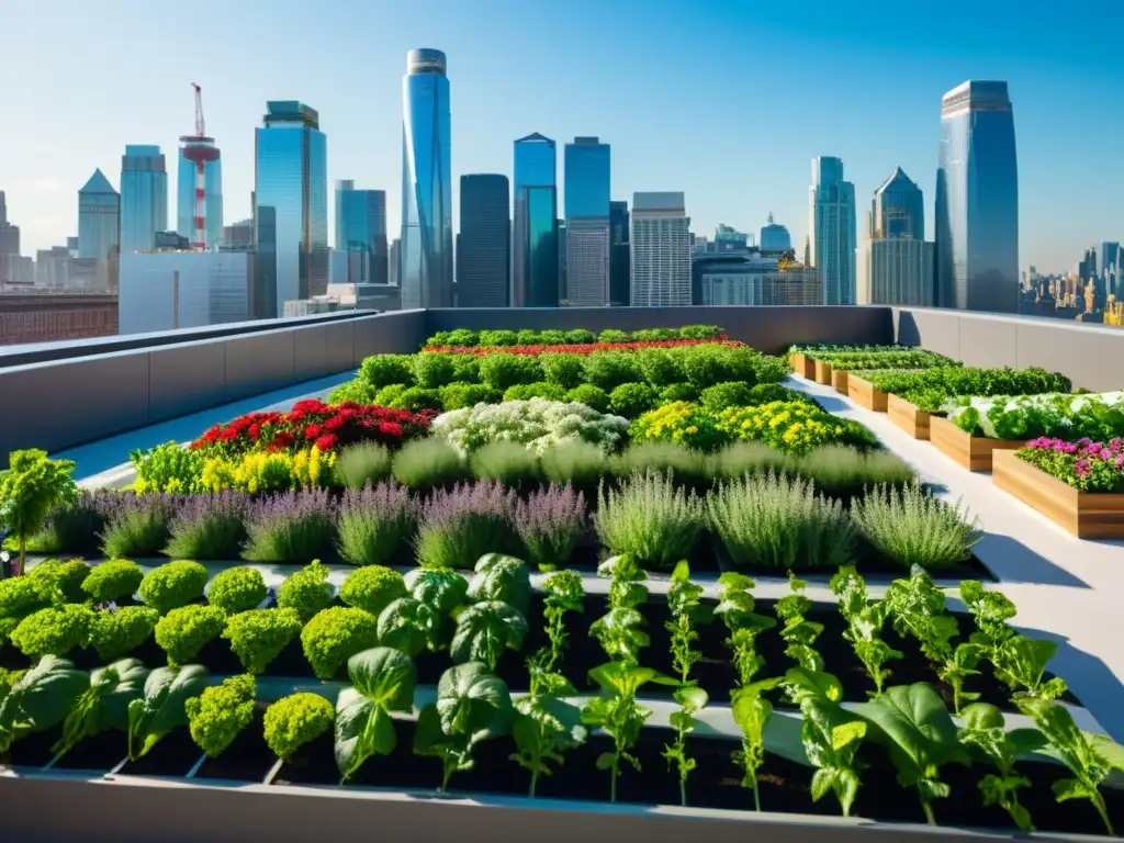 Un jardín urbano con cultivo vertical en agricultura urbana, bañado por la luz natural y el horizonte de la ciudad al fondo