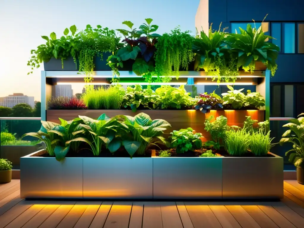 Jardín urbano de cultivo vertical de hortalizas con diseño moderno, innovador y productivo