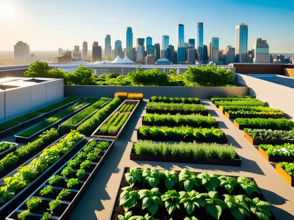 Jardín urbano con cultivos vibrantes y tecnología de monitoreo de cultivos urbanos, integrando naturaleza y tecnología en la ciudad