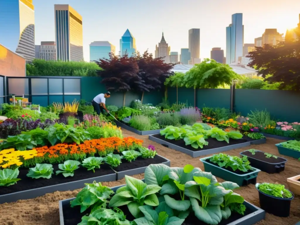 Jardín urbano con diversidad de personas transformando residuos orgánicos en compost, creando un ambiente sostenible y lleno de esperanza