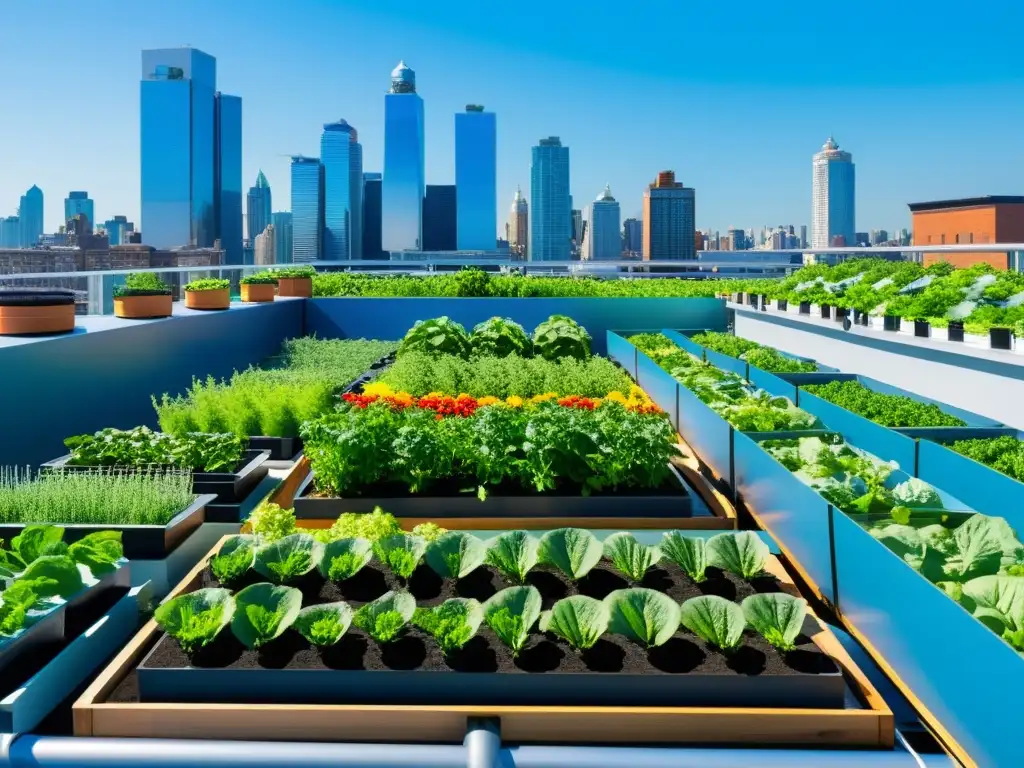 Jardín urbano de economía circular acuaponía nutrientes ciudad: verduras coloridas y sistema acuapónico integrado en el paisaje urbano