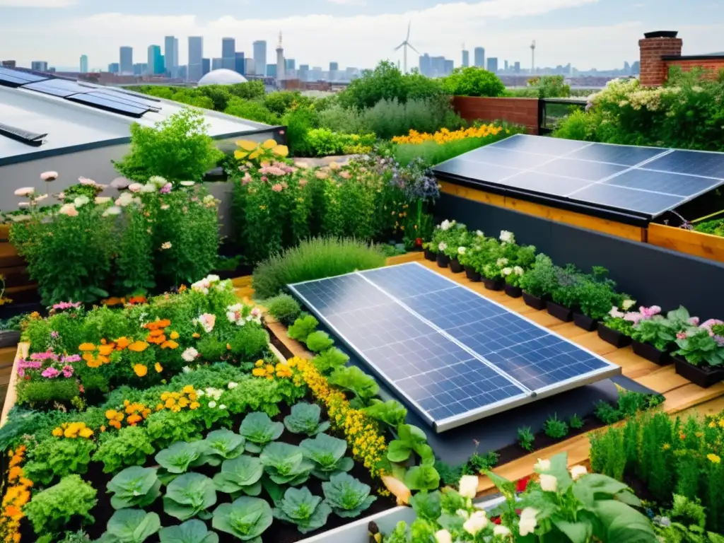 Jardín urbano con energía renovable, permacultura y diversidad de cultivos florales y hortalizas en un entorno sostenible