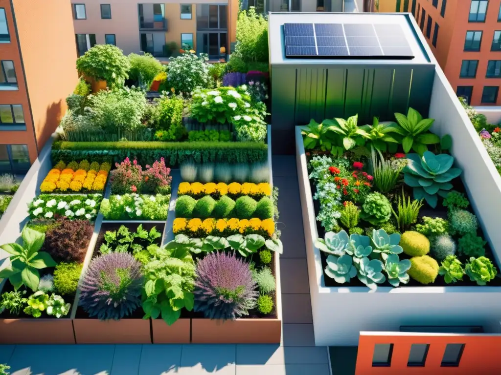 Jardín urbano con energía renovable, permacultura y agricultura urbana en un entorno moderno y sostenible