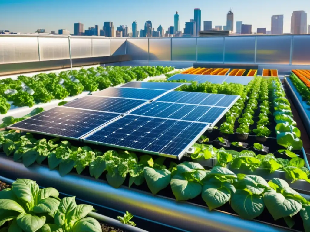 Un jardín acuapónico urbano con energía solar, donde la tecnología se fusiona con la naturaleza en la ciudad