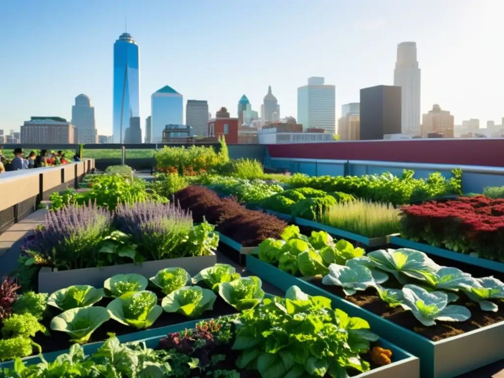 Un jardín urbano escolar vibrante y moderno con una comunidad diversa trabajando en la agricultura urbana, iluminado por la cálida luz del sol