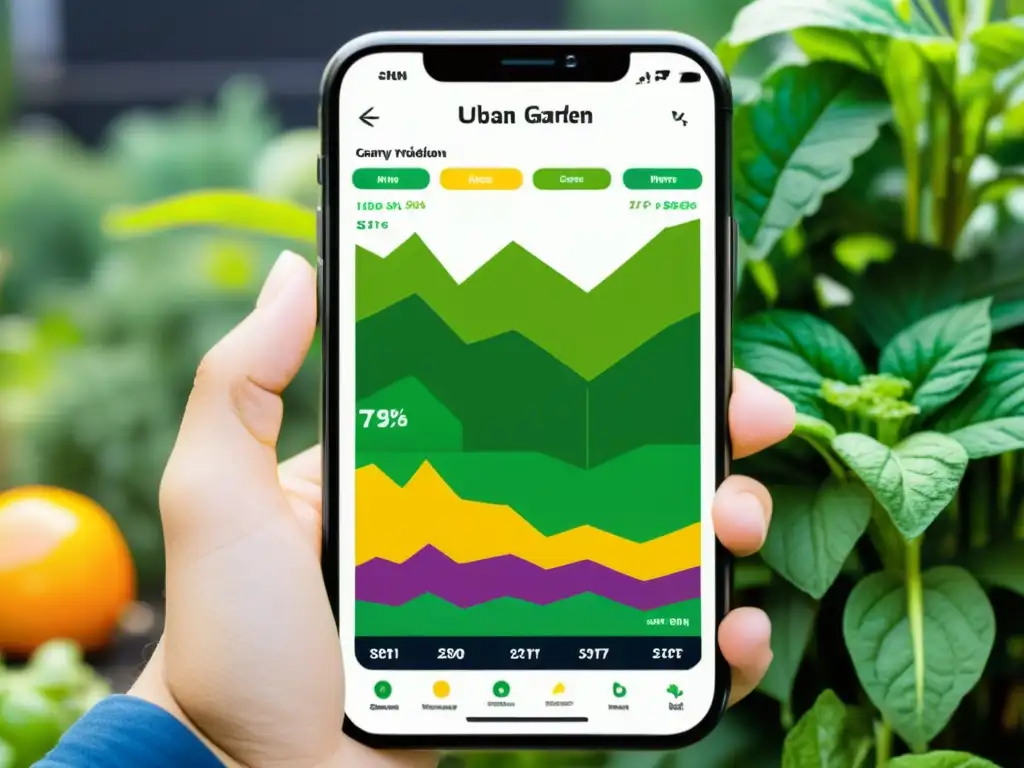 Un jardín urbano exuberante con una app móvil que gestiona el riego, mostrando datos en tiempo real