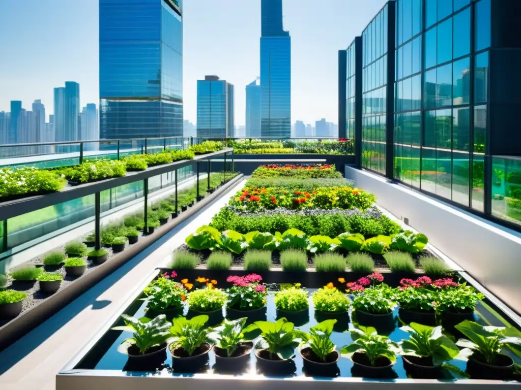 Un jardín urbano exuberante en la azotea con sistema acuaponía integrado