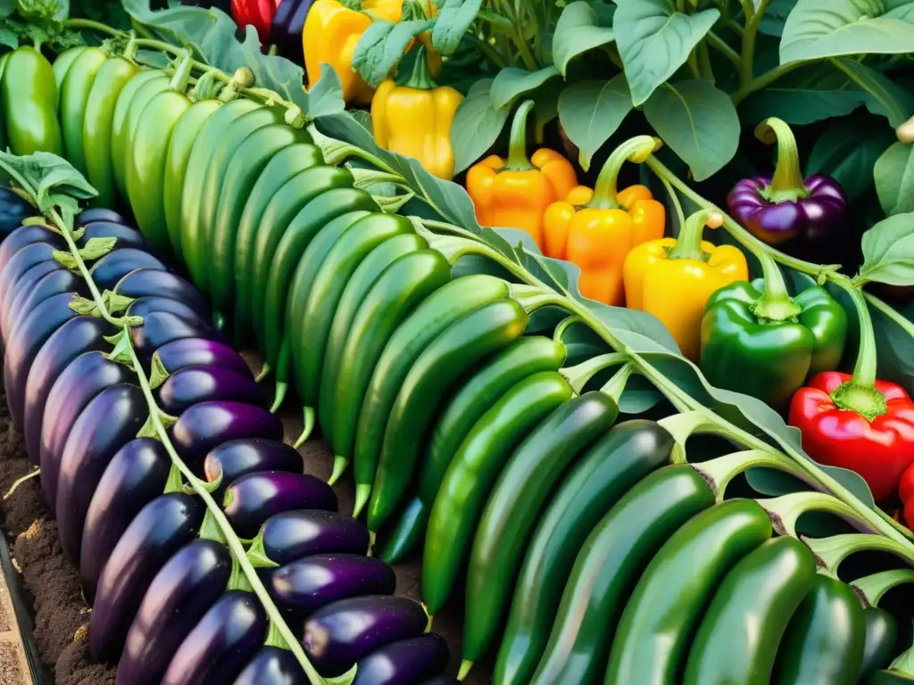 Un jardín urbano exuberante con berenjenas y pimientos coloridos