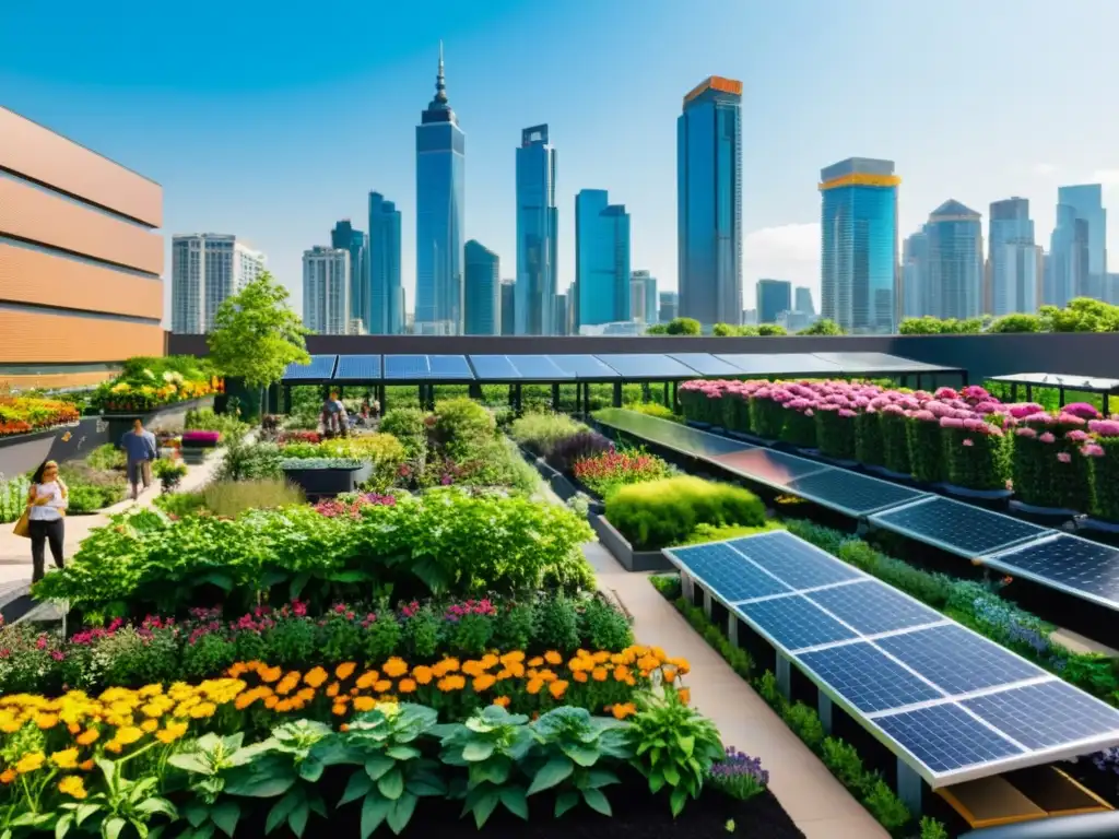 Un jardín urbano exuberante en una ciudad moderna, con huertos ecológicos y personas trabajando para reducir gases de efecto invernadero