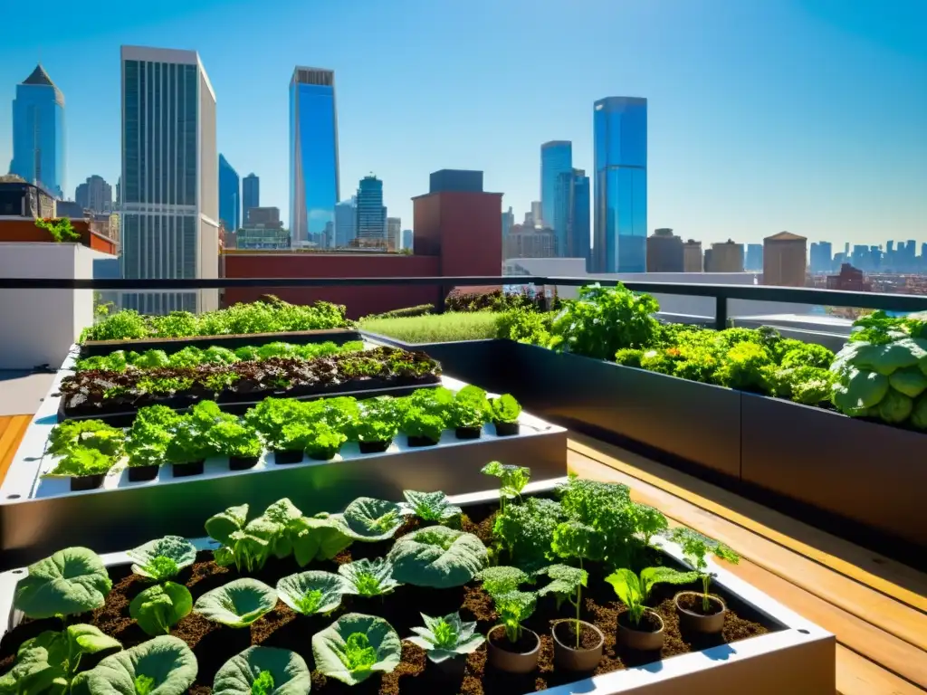 Jardín urbano exuberante con acuaponía y compostaje en agricultura urbana, que fusiona naturaleza y vida urbana