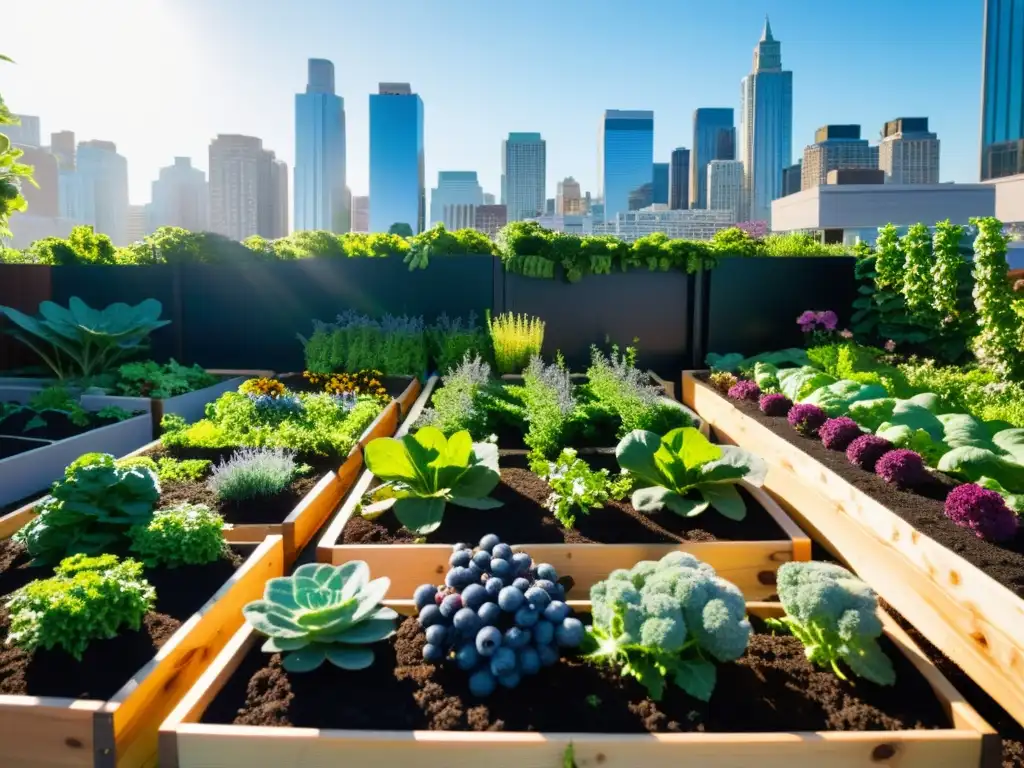 Jardín urbano exuberante con cultivo de superalimentos en huertos elevados, abejas y mariposas entre plantas, contrastando con la ciudad moderna