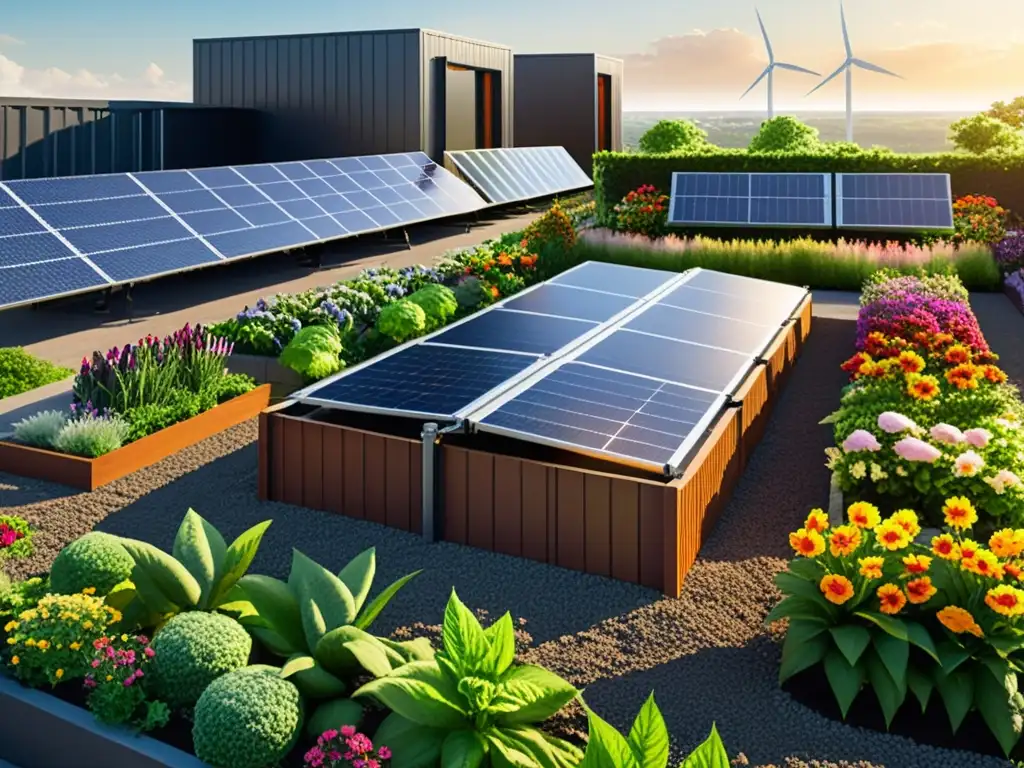 Un jardín urbano exuberante con energía renovable y almacenamiento energético en huertos urbanos