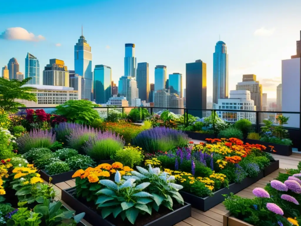 Un jardín urbano exuberante con flores coloridas, plantas verdes y polinizadores