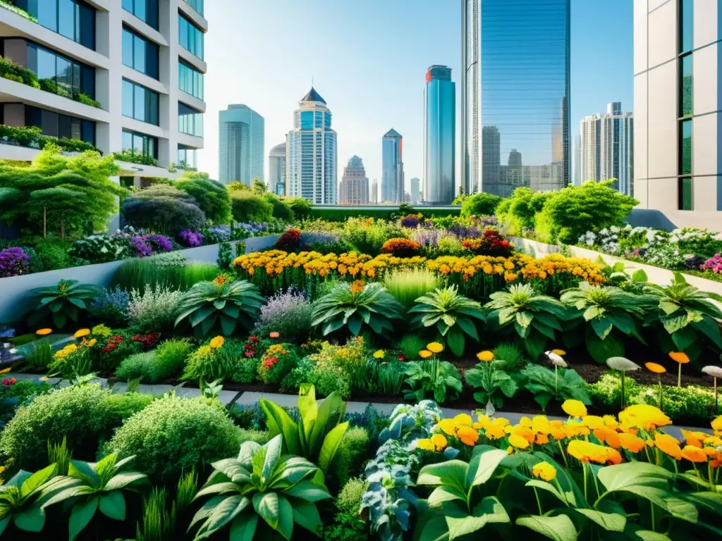 Un jardín urbano exuberante con flores vibrantes, vida silvestre y edificios modernos