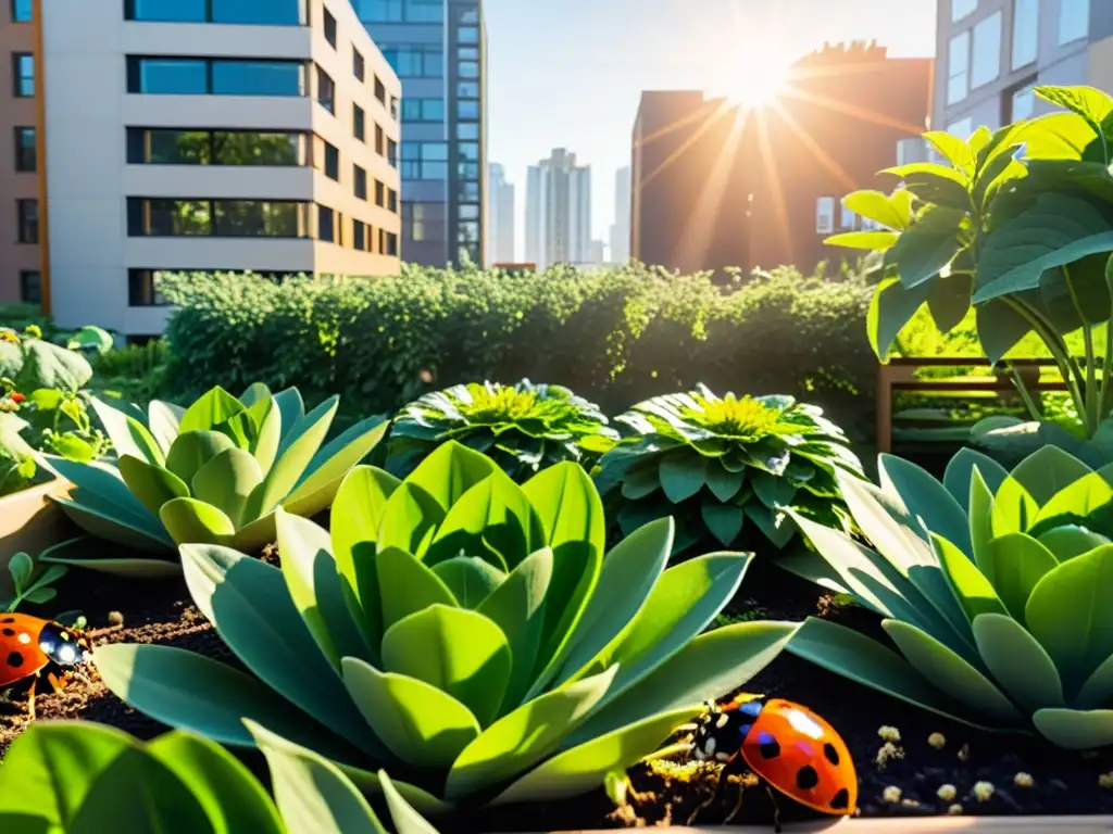 Un jardín urbano exuberante con frutas y verduras rodeado de follaje