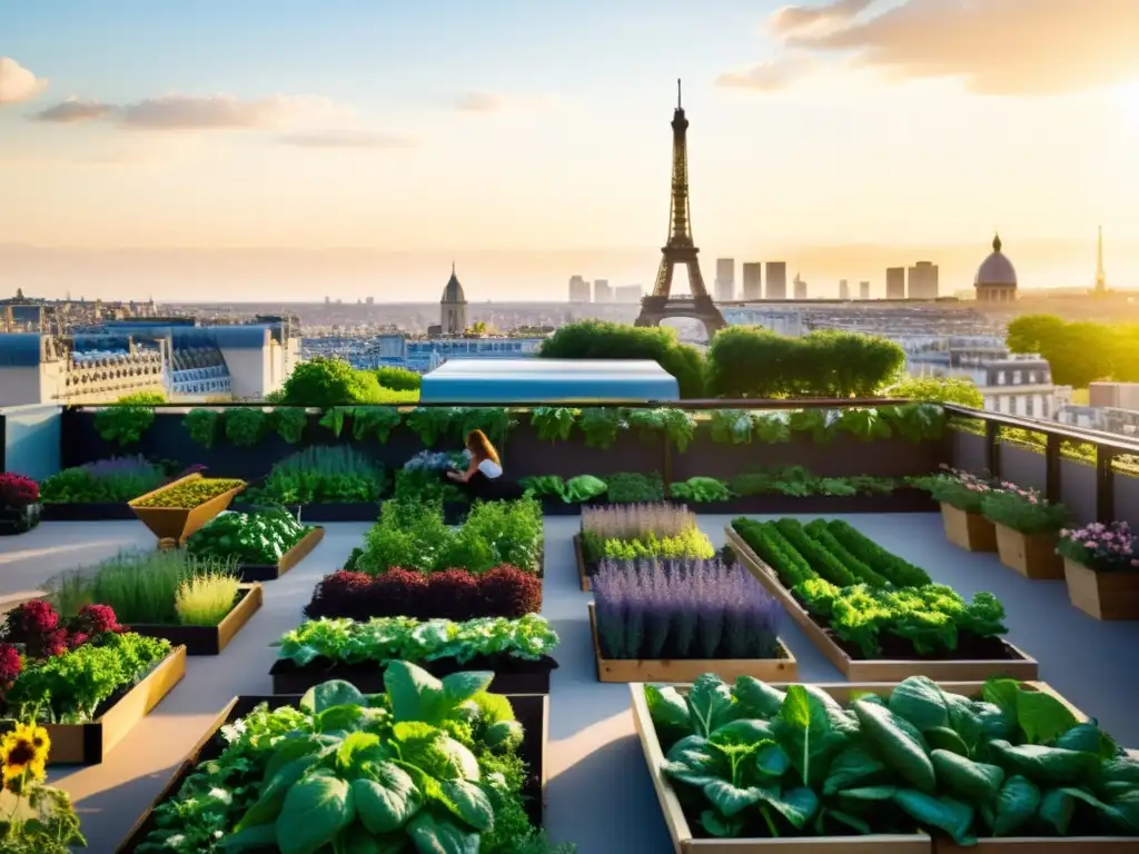 Un jardín urbano exuberante con frutas y verduras, bañado por la luz dorada del sol en contraste con el bullicio de la ciudad