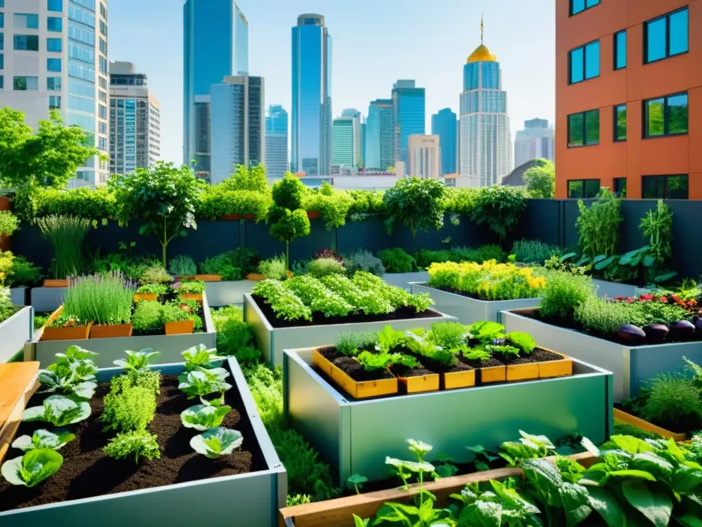 Jardín urbano exuberante con frutas, verduras y hierbas, rodeado de edificios modernos