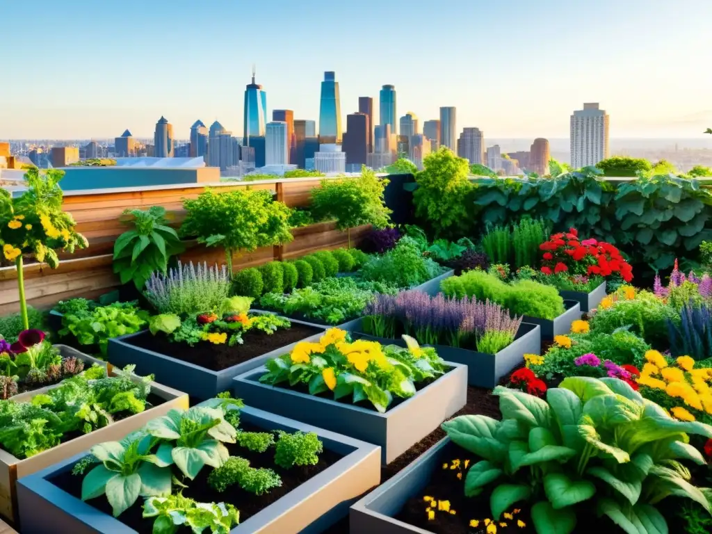 Un jardín urbano exuberante con frutas y verduras, flores coloridas, abejas, mariposas y aves