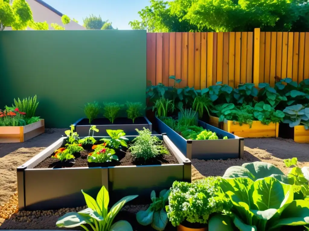 Un jardín urbano exuberante con huertos elevados, flores y un sistema de agua eficiente