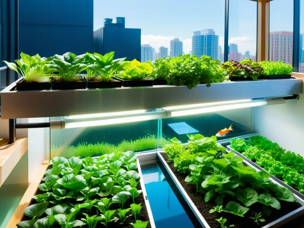 Un jardín urbano exuberante de acuaponía con lechugas y hierbas verdes vibrantes, y peces koi nadando en el agua clara y brillante