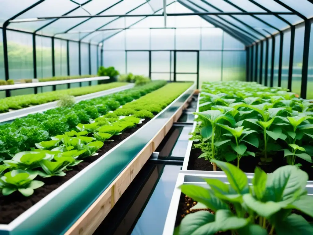 Jardín urbano de aquaponía: innovación sostenible Un jardín urbano de acuaponía exuberante y moderno, con un ambiente innovador que refleja la marca irresistible negocio acuaponía urbana