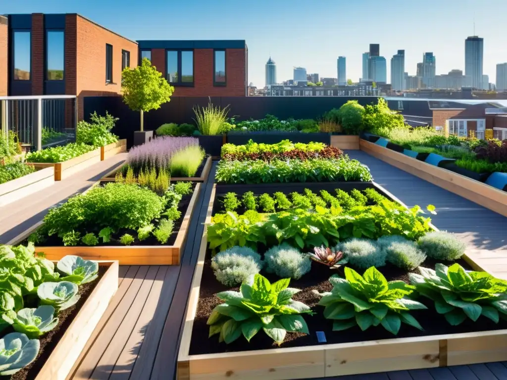 Un jardín urbano exuberante con plantas verdes y hortalizas, creando armonía entre naturaleza y generación de energía renovable en huertos urbanos