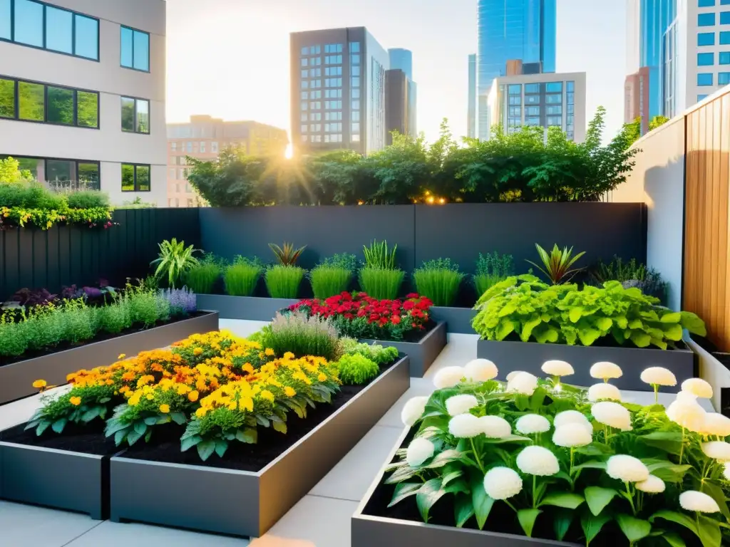 Jardín urbano exuberante con plantas verdes vibrantes y flores coloridas en camas elevadas, rodeado de edificios modernos