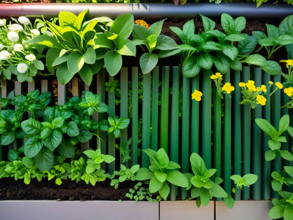 Un jardín urbano exuberante con plantas verdes vibrantes y flores coloridas, teñido de vida microbiana beneficiosa para la agricultura urbana