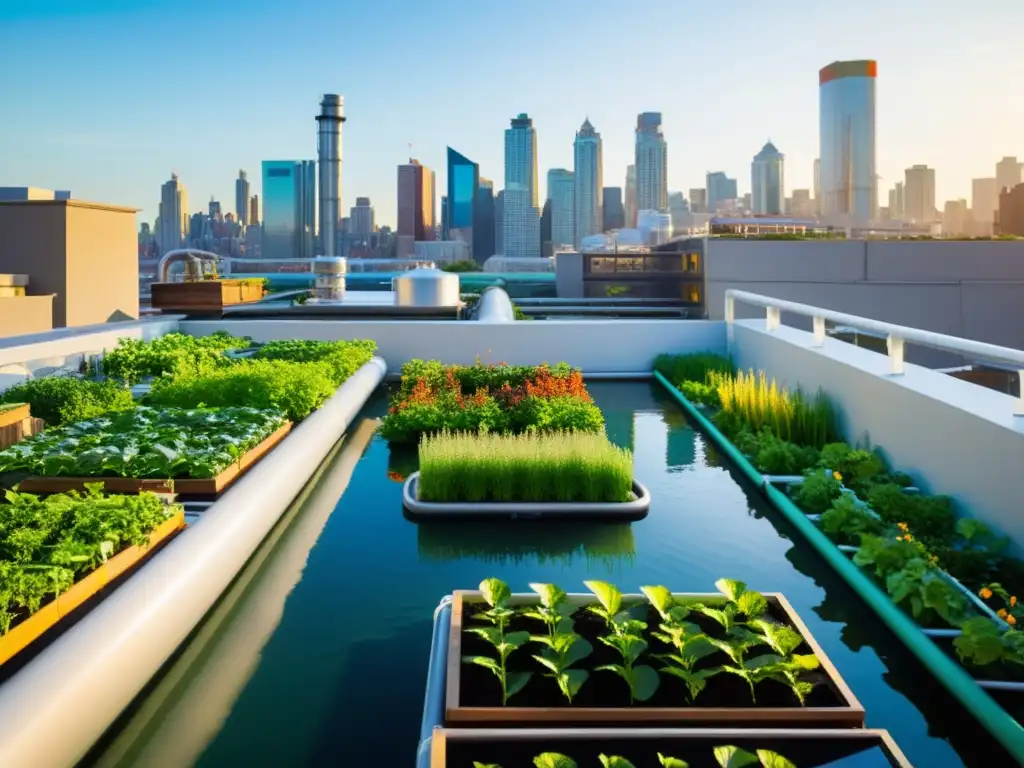 Un jardín urbano exuberante con plantas verdes vibrantes y peces coloridos nadando en agua clara