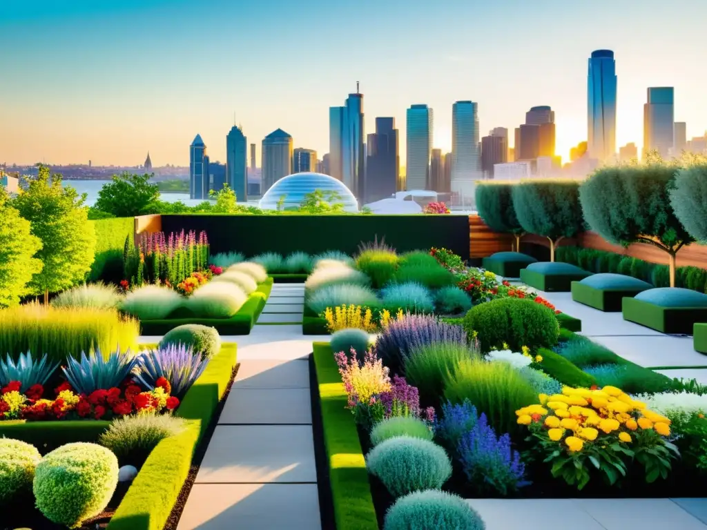 Un jardín urbano exuberante con plantas verdes vibrantes y flores coloridas, en contraste con el moderno horizonte de la ciudad