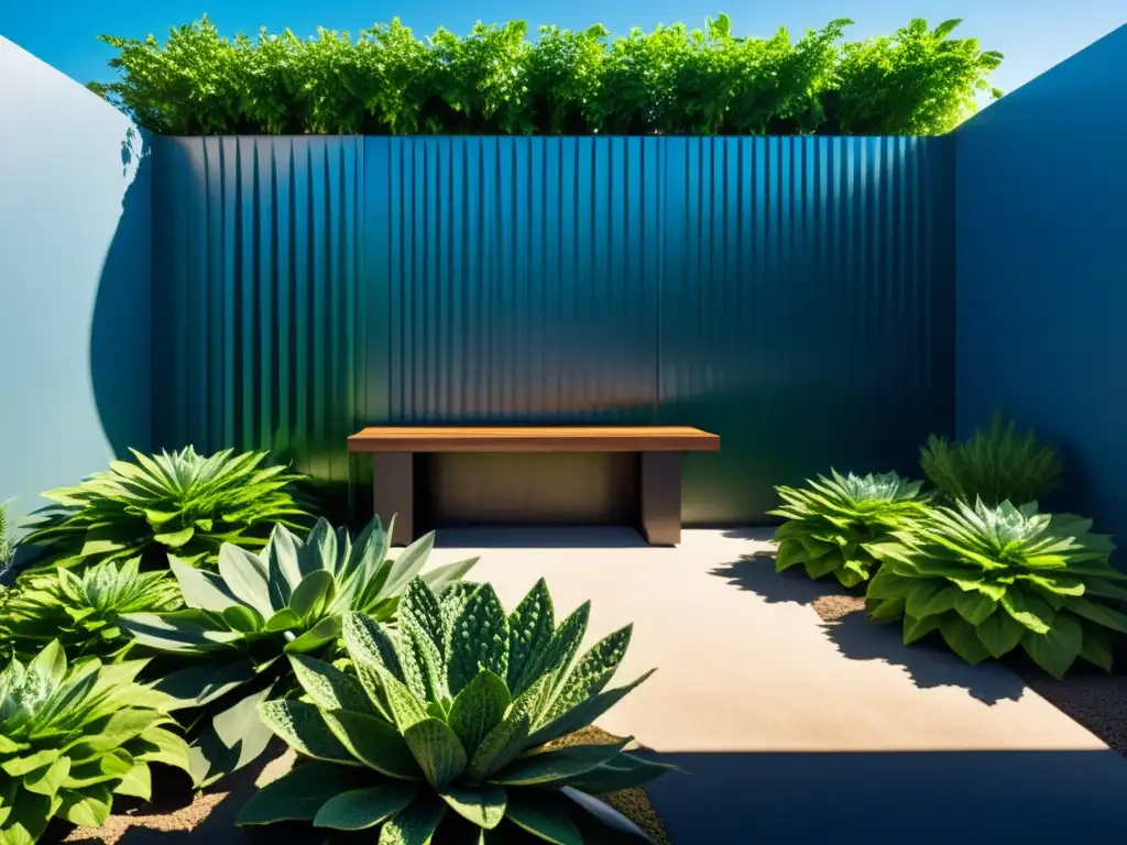 Un jardín urbano exuberante con plantas verdes vibrantes y un moderno sistema de riego, bajo un cielo azul claro