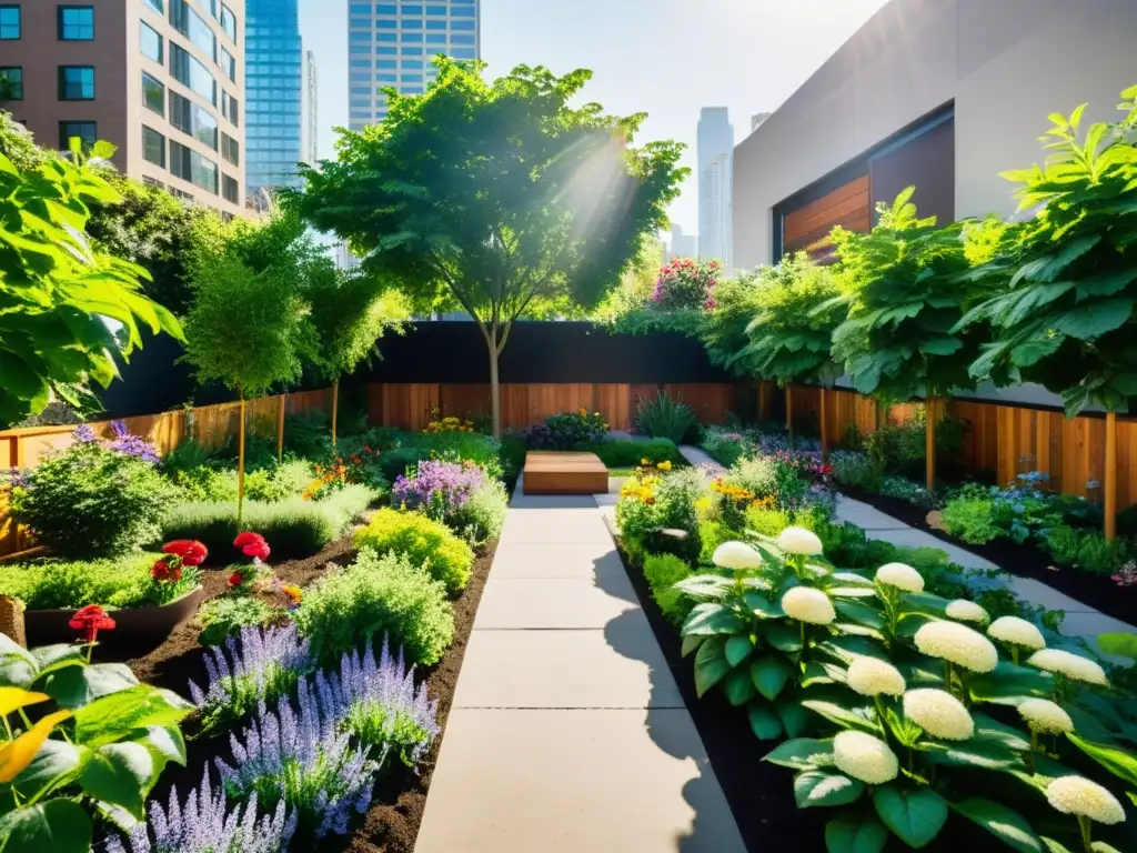 Jardín urbano exuberante con plantas verdes, flores coloridas y abejas ocupadas, muestra la armonía entre la naturaleza y la vida urbana