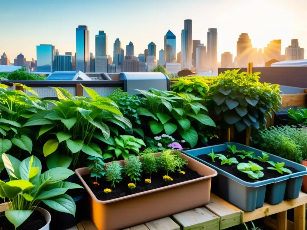 Un jardín urbano exuberante con plantas vibrantes y saludables rodeadas de composteras y herramientas de jardinería