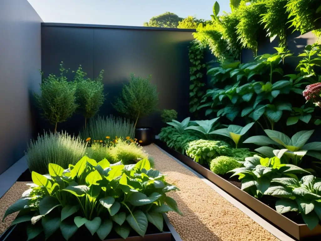 Un jardín urbano exuberante con sistema moderno de cosecha de agua lluvia, radiante y armonioso, ilustrando los beneficios para huertos urbanos