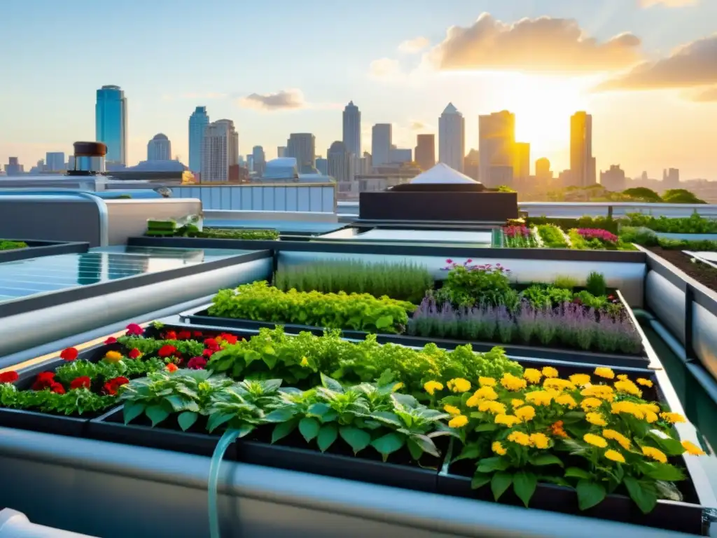 Un jardín urbano exuberante con sistemas de acuaponía en agricultura urbana, mostrando la armonía entre desarrollo urbano y sostenibilidad ambiental