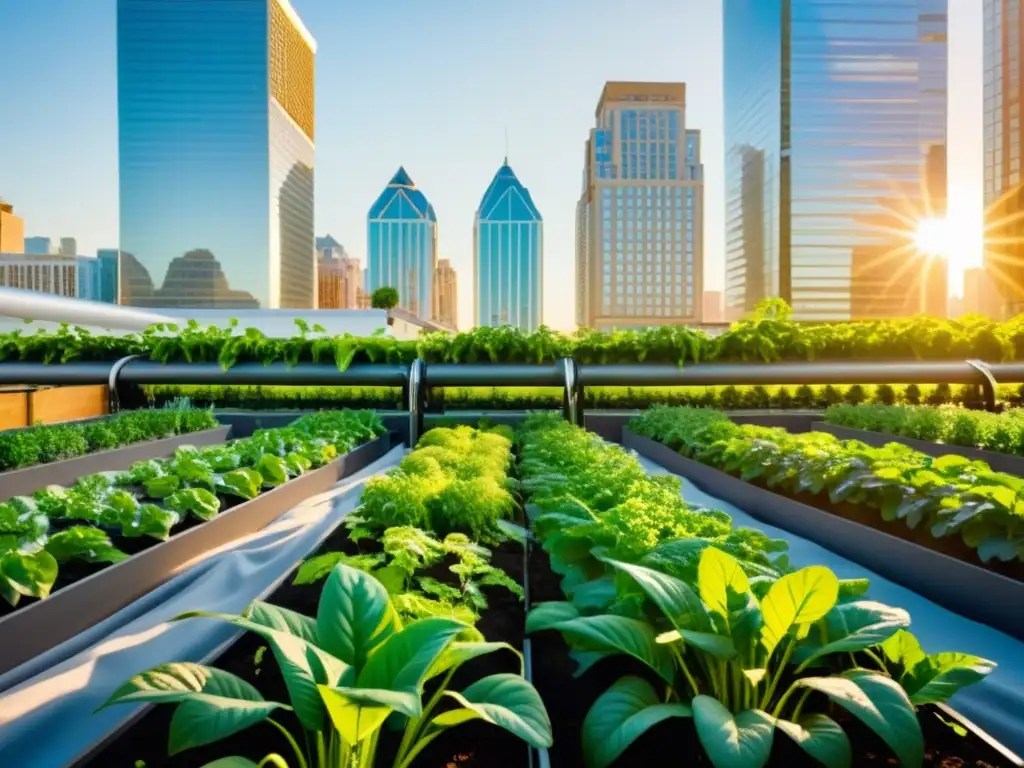 Un jardín urbano exuberante con sistemas automatizados de riego regando una variedad de plantas vibrantes y saludables en camas elevadas