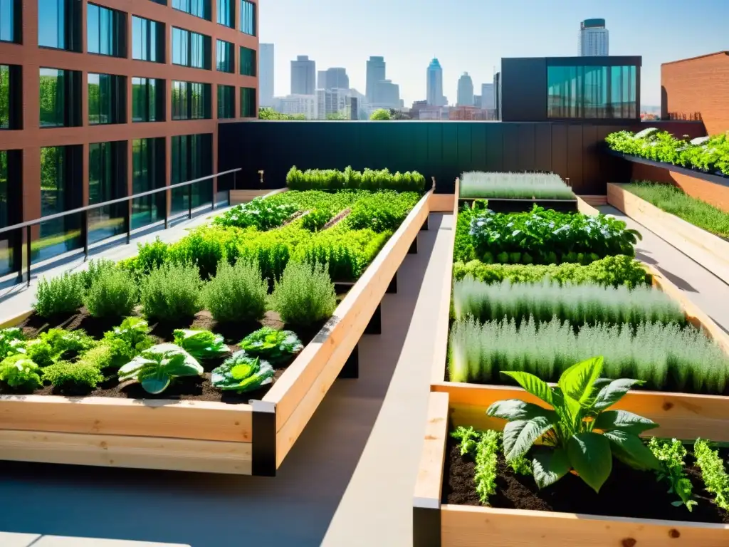 Jardín urbano exuberante con sistemas integrados para agricultura urbana, contrastando con arquitectura moderna