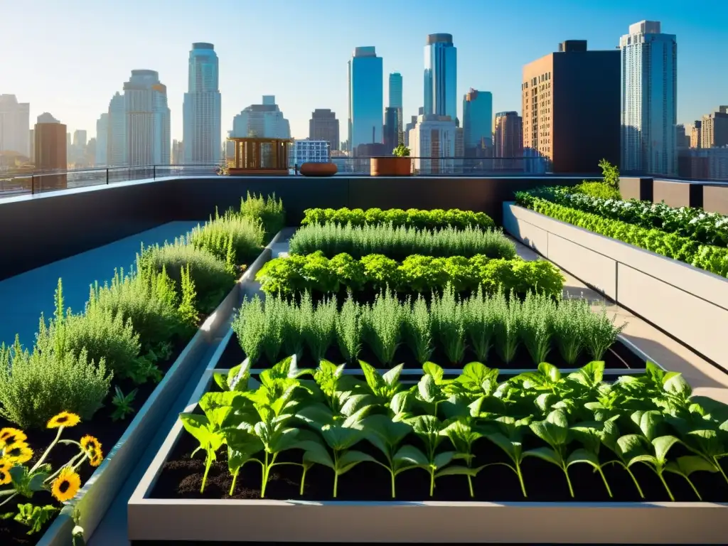 Un jardín urbano exuberante con un sofisticado sistema de riego por goteo, resaltando la integración de la naturaleza en un entorno urbano