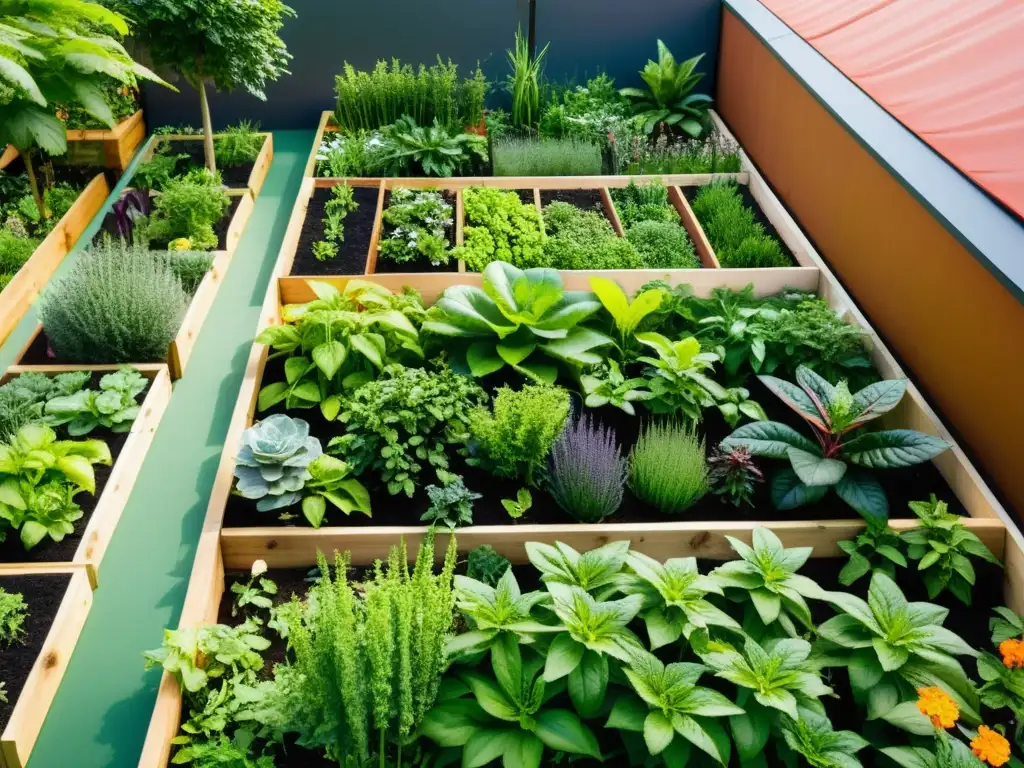 Un jardín urbano exuberante y sostenible con riego sustentable permacultura urbana, lleno de plantas vibrantes y saludables