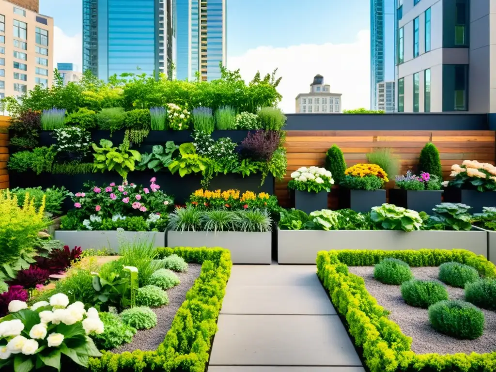 Un jardín urbano exuberante con una variedad de flores coloridas y vegetación, rodeado de altos edificios y calles bulliciosas