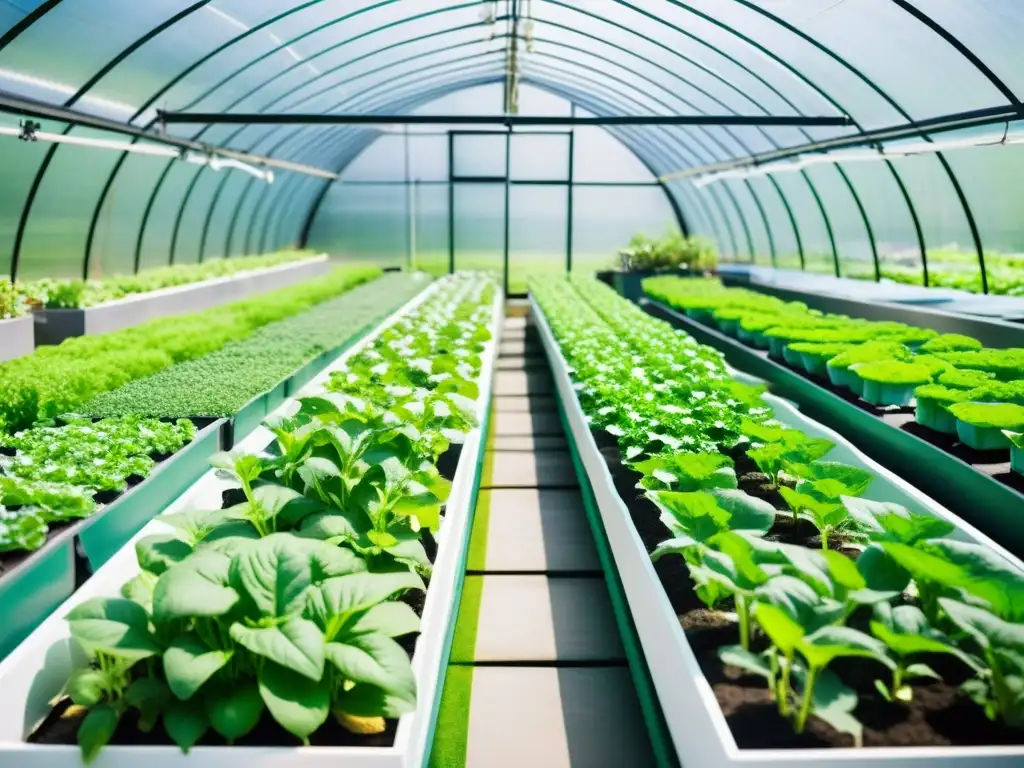 Un jardín acuapónico urbano exuberante con una variedad de verduras y hierbas vibrantes creciendo en filas ordenadas