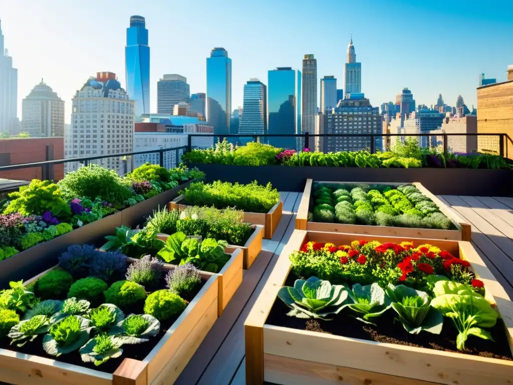 Un jardín urbano exuberante con vegetales y hierbas, contrastando con el horizonte de la ciudad