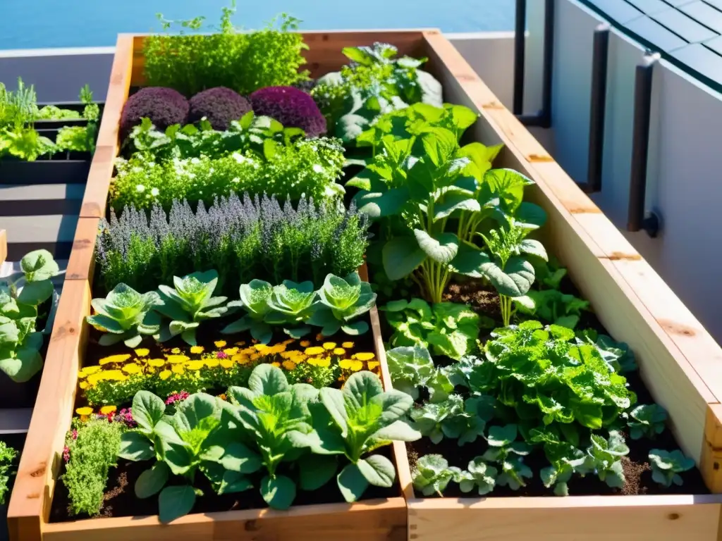 Un jardín urbano exuberante con vegetales verdes y flores coloridas